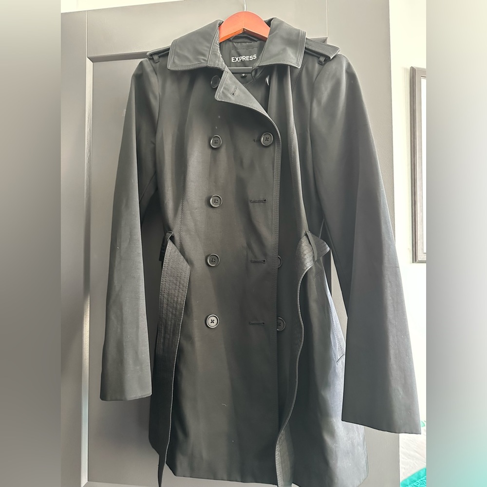 Express lined double breasted tie waist black trench coat